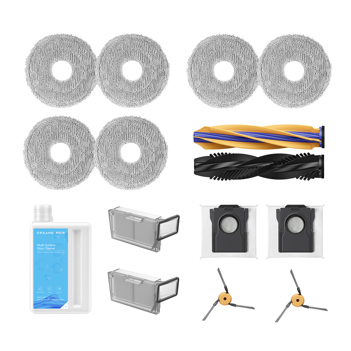 Dreame X60 Series kit with duo-brush, side brushes, filters, dust bags, six mop pads and 1 L cleaner