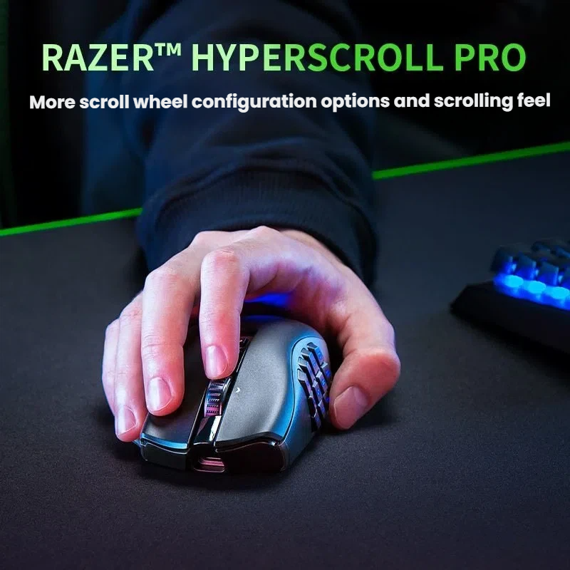 Razer Naga V2 Pro underside view showing optical sensor and PTFE mouse feet