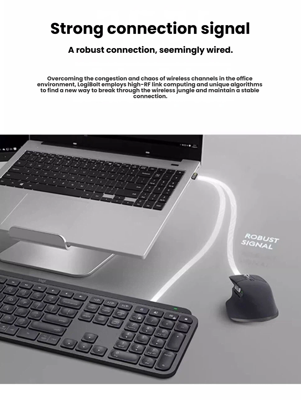 Logitech MX Master 3s strong wireless signal with laptop and keyboard setup