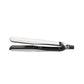 White ghd Platinum+ Smart Styler hair straightener shown from side angle. Features sleek design, dual-zone heating, and floating plates for smooth, frizz-free styling.