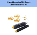 iRobot Roomba 700 Series replenishment kit – includes 3 orange HEPA filters, 2 main brush rollers with yellow end caps, and 2 white side brushes – genuine replacement parts for Roomba 760, 770, 780, 790 models