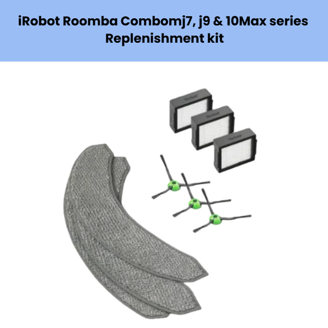 iRobot Roomba Combo j7+, j9+, and 10Max replenishment kit – includes 3 gray microfiber mopping pads, 3 green side brushes, and 3 black HEPA filters – genuine replacement parts for Roomba Combo models with vacuum and mop function