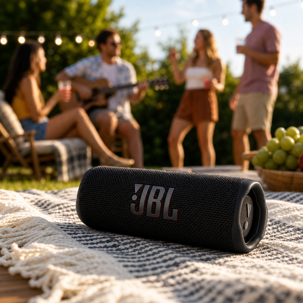 JBL Flip 6 portable black speaker used outdoors for music on the go