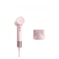  The Laifen Mini high-speed hair dryer in white, shown next to its included magnetic smooth nozzle attachment against a white background.