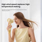 A woman using the yellow Laifen SE 2 to demonstrate how its high wind speed from the 108,000 RPM motor replaces high-temperature baking for improved drying efficiency