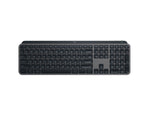 Top-down view of the Logitech MX Keys S Advanced Wireless Illuminated Keyboard in graphite, showing the full layout with spherical concave keys.