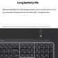  Close-up of the USB-C charging port on the Logitech MX Keys S, illustrating its long battery life of up to 5 months with backlighting off.