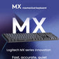 Lifestyle shot of the Logitech MX Mechanical on a desk, demonstrating the smart backlighting system with 6 adjustable modes like breathing, wave, and reaction effects.