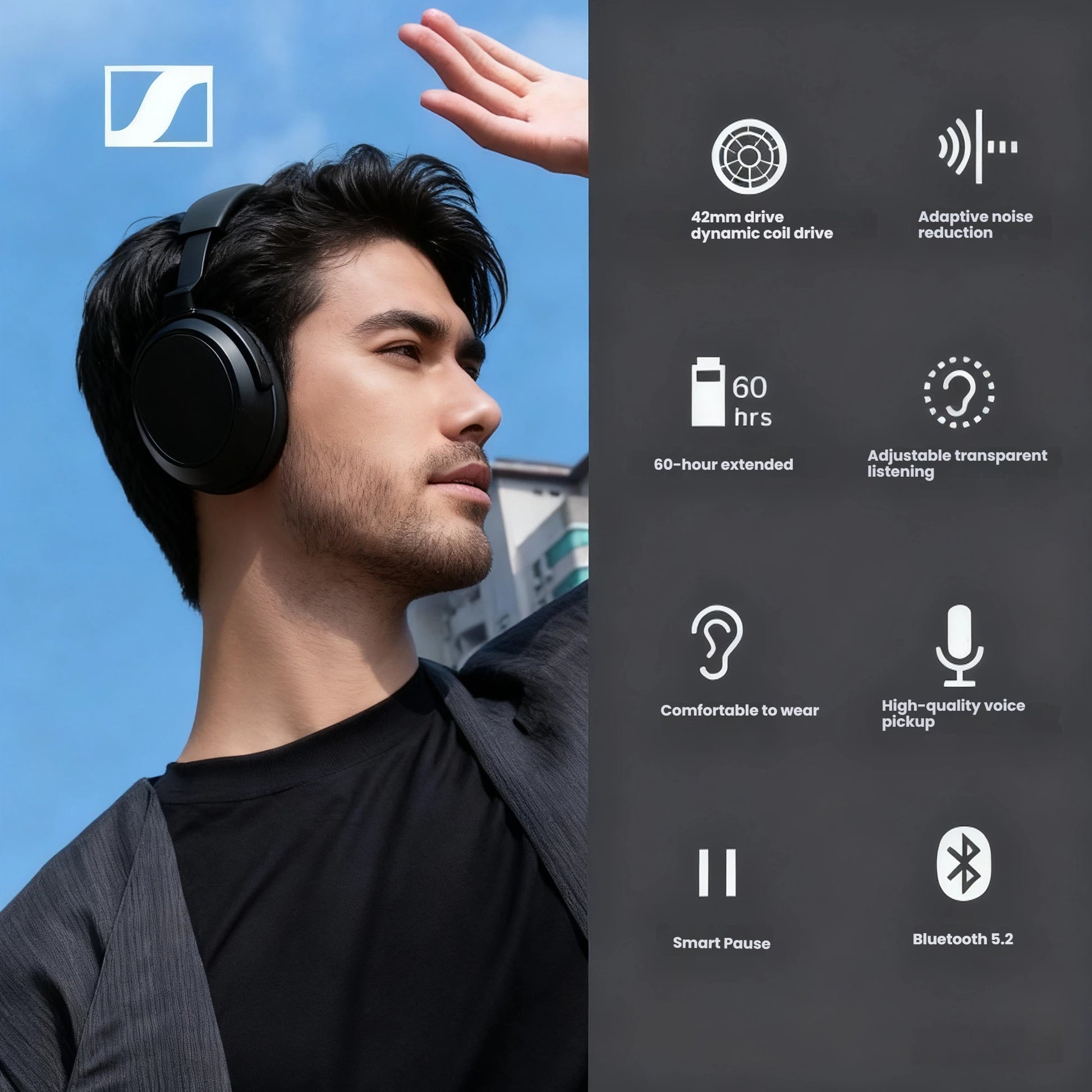 A man enjoying music on the black Sennheiser Momentum 4 Wireless headphones, with key features like the 60-hour extended battery life and adaptive noise reduction listed.